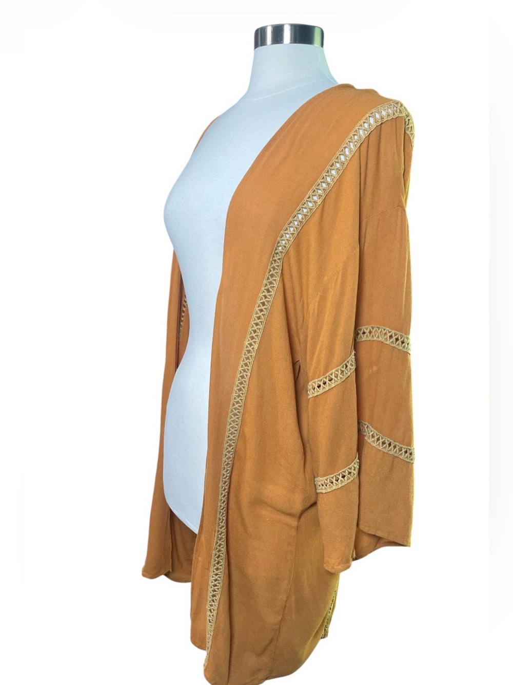 POL Cotton Open-Front Rust Kimono with Crochet Trim